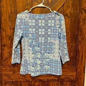 JMclaughlin wave song Womens Top Blue White Pattern 3/4 Sleeve Button Detail